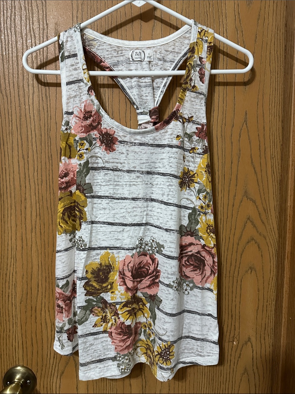 Maurices White Striped Racerback Tank with Pink and Mustard Floral Print